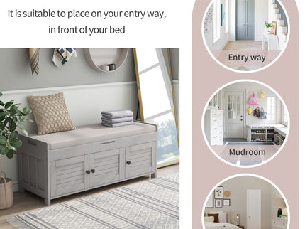 Storage Bench With 3 Shutter-Shaped Doors, Shoe Bench With Removable Cushion And Hidden Storage Space