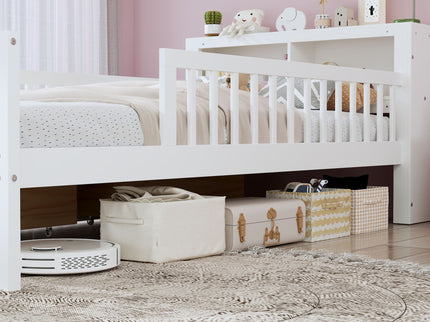Bed With Headboard Storage Rack, 2 Under Bed Drawers, 3 Side Guardrails For Safety