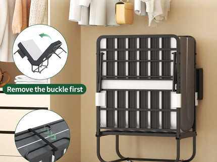 Twin Folding Bed With Memory Foam Mattress, On Wheels, Portable Bed For Adults & Guests - Black