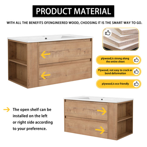 Modern Wall Mounted Bathroom Vanity With Ceramic Sink And Storage Rack, 2 Soft Close Drawers