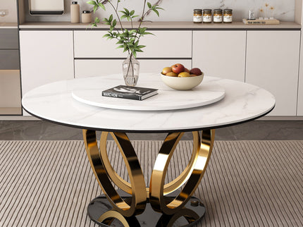 Round Dining Table With 360° Smooth Lazy Susan For Dining Room - Gold / Black / White