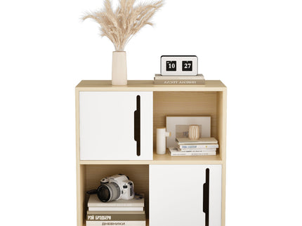 Storage Cabinet With Sliding Doors, 2 Tier Open And Closed Shelves Organizer - Natural / White