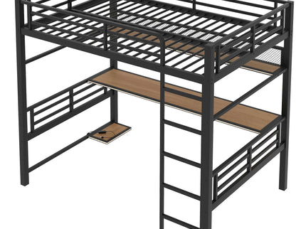 Full Size Loft Bed Frame With Storage Shelf And LED Light - Black