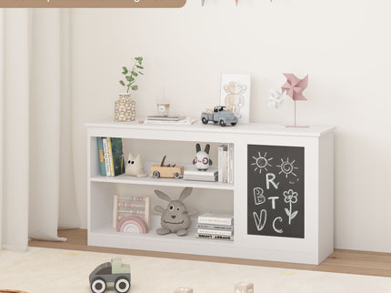 3 In 1 Bookshelf And Toy Storage Cabinet With Chalkboard, Organizer For Playroom Featuring And Spacious Storage - White