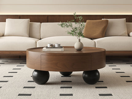 Round Coffee Table With Storage Drawer And Ball Feet - Walnut / Black