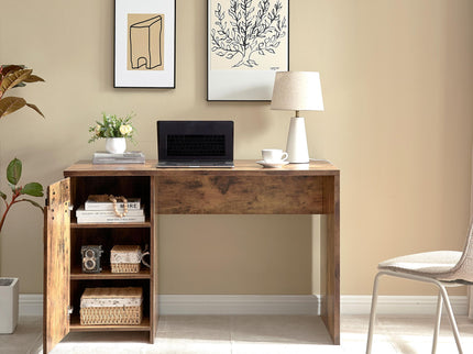 Home Office Desk One Cabinet Three Shelves Faux Barn Door On Metal Euro Hinges Modesty Panel - Distressed Wood