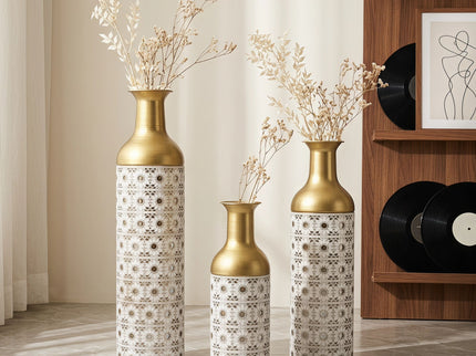 Handcrafted Cutout Hollow Tall Standing Floor Vase, Home Decor (Set of 3) - White / Gold