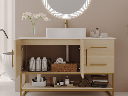 Bathroom Vanity With Vessel Sink Accent Free Standing Cabinet - Ameican White Oak / Gold / White