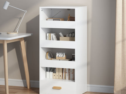 4 Tier Freestanding Bookshelf With 3 Sliding Drawers And 1 Bottom Drawer - White