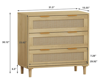 3 Drawers Rattan Storage Cabinet Rattan Drawer, For Bedroom, Living Room, Dining Room, Hallways (Set of 2) - Oak
