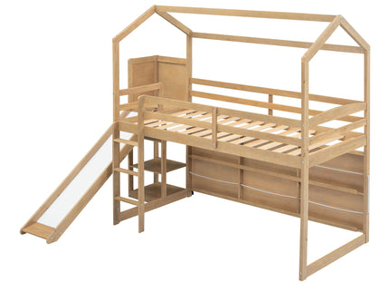 House Loft Bed With Slide, Storage Shelves And Light, Climbing Ramp