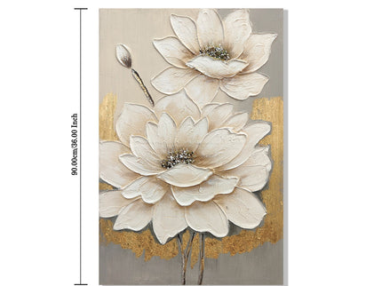 Lotus Flower Canvas Wall Art, Hand Painted Thick Textured Floral Painting With Accents, Neutral Decor For Living Room - Antique White / Gray