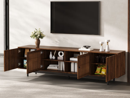TV Stand, Media Console With Soft Closing Hinges, Adjustable Shelves, Slatted Doors - Walnut