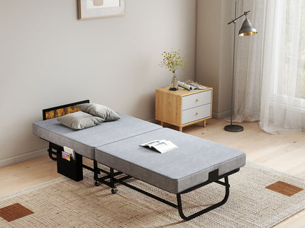 Twin Folding Bed With Headboard & USB Charging Station - Gray