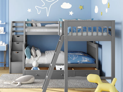 Solid L Shaped Bunk Bed With 3 Drawers, Ladder And Staircase