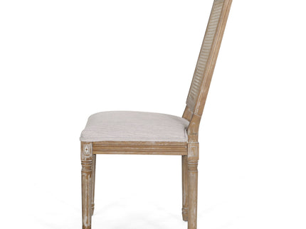 French Country Dining Chair With Rectangular Cane Backrest And Smooth Upholstered Seating