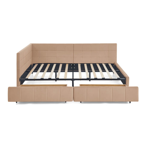 Mid-Century Storage Upholstered Tufted Bed Frame With Backrest And Armrests