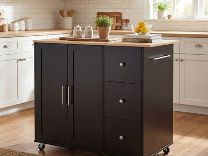 Mobile Kitchen Cart With Storage With 2 Doors, 3 Drawers & Adjustable Shelf - Black / Natural