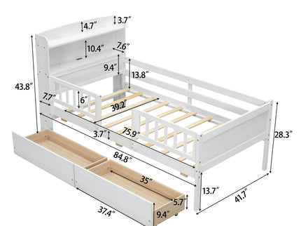 Platform Bed With LED Light, Multi Functional Headboard, Guardrail And 2 Drawers