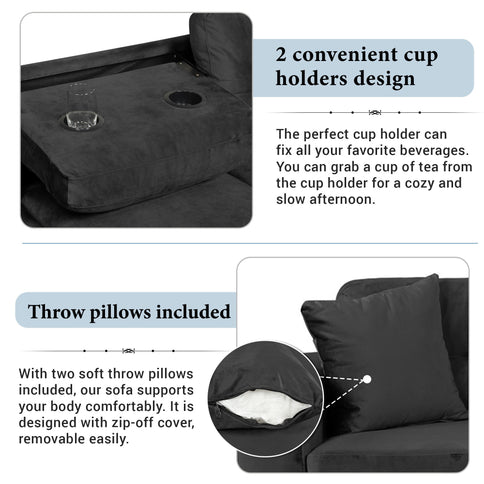 Modern Sectional Sofa With Storage Ottoman, L - Shape Couch With 2 Pillows And Cup Holders