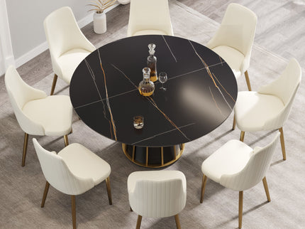 Modern Artificial Stone Round Metal Iron Base Dining Table, Can Accommodate 8 People, (Not Including Chairs) - Black