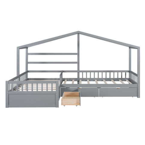 L Shape Platform Bed With 3 Storage Drawers