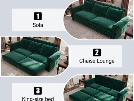 3 In 1 Convertible Sleeper Sofa With Nailhead Trim & Rolled Arm