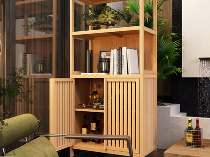Neutral - Bamboo Storage Cabinet Freestanding With 2 Doors For Bathroom, Living Room, Kitchen, And Entryway - Neutral