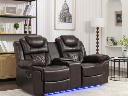 Home Theater Seating Manual Recliner Loveseat With Hide-Away Storage, Cup Holders And Led Light Strip For Living Room