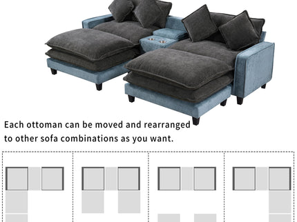 Sectional Sofa With Removable Ottomans, USB Ports, Cup Holders & Storage - Gray / Light Blue