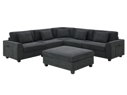 U Shaped Sectional Sofa 6 Seat Couch Set With Oversized Ottoman, Hidden Armrest Storage And Cup Holders USB Charging Ports Wide Seat Sofa