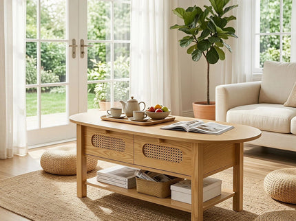 Oval Coffee Table With With 2 Storage Drawers For Living Rooms - Wood