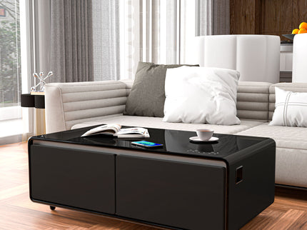 Modern Smart Coffee Table With Built-In Fridge, tooth Speaker, Wireless Charging Module, Touch Control Panel, Power Socket, USB Interface, Outlet Protection, Atmosphere Light