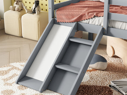 Low Loft House Bed With Slide, Ladder, Safety Guardrails, House Roof Frame