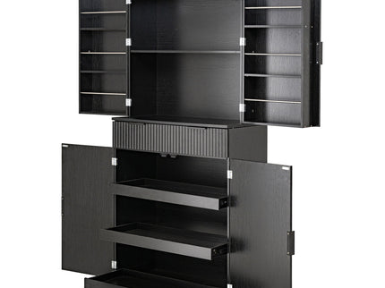 Fluted Kitchen Pantry Cabinet With 3 Keyboard Drawers & 6 Adjustable Door Shelves