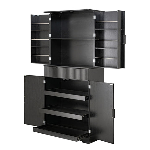 Fluted Kitchen Pantry Cabinet With 3 Keyboard Drawers & 6 Adjustable Door Shelves