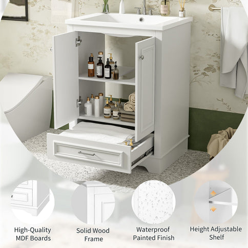 Bathroom Vanity With Ceramic Sink Combo, Modern Freestanding Storage Cabinet With Silver Handles