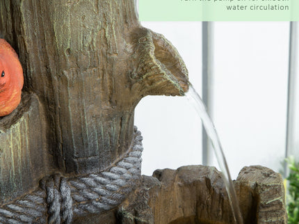 Outsunny - Outdoor Fountain With Birdhouse, Cascading Garden Waterfall Bird Bath With 3 Tier Rustic Tree Trunk / Log Design, LED Lights For Porch, Deck, Yard Decor - Brown