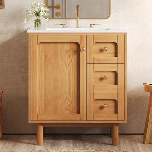 Bathroom Vanity With Sink, 3 Drawers, Soft Close Door - Natural Wood