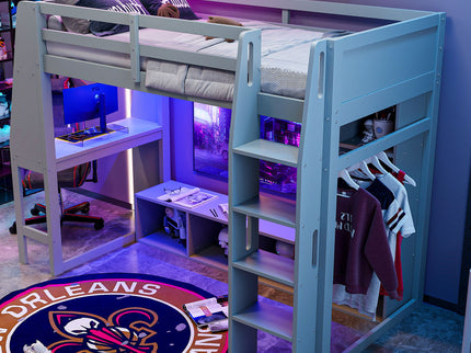 Gaming Loft Bed With Desk, Multi Storage Shelves, LED Lighting, And Hanging Clothes Rack