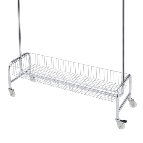 Heavy Duty Iron Garment Rack With Basket On Wheels - Silver