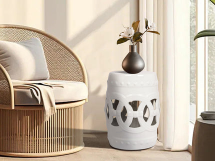 Elegant Glazed Ceramic Drum Stool Indoor / Outdoor Side Table Accent Garden Stool - White