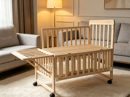 Portable Mini Baby Crib 5 In 1 Convertible With Foldable Storage - Natural Wood