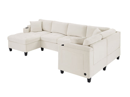U Shaped Sectional Sofa, Corner Living Room Couch With Built In Cup Holders, Storage, USB Ports