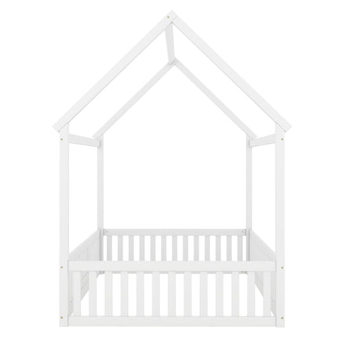 Wood House Bed With Fence And Door