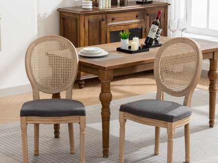 French Style Solid Wood Frame Antique Painting Fabric Rattan Back Dining Chair (Set of 2)