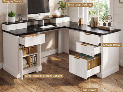 Fluted L-Shaped Desk With Charging Station & Storage Cabinet