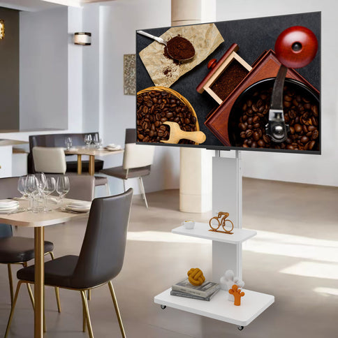 Mobile TV Stand With Shelf Floor Mount Cart For TVs With Lockable Wheels Ideal For Living Room Bedroom Or Office - White