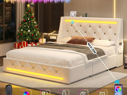 Wingback Upholstered Bed Frame With LED Lights, Charging Station