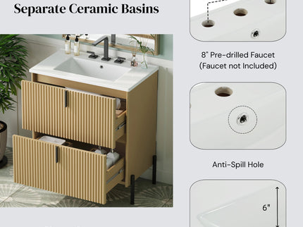 Fluted Bathroom Vanity With Ceramic Sink, Freestanding Design